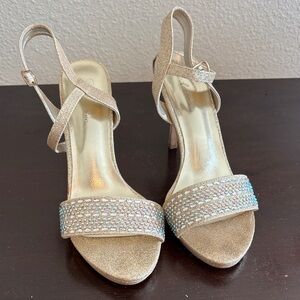 Shimmering Gold Strappy Heels with Rhinestones